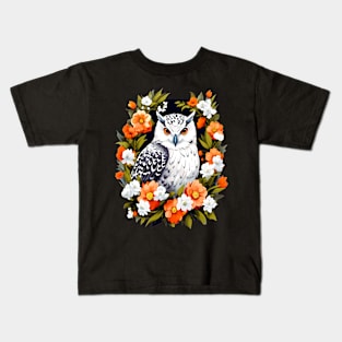 Cute Snowy Owl Surrounded by Bold Vibrant Spring Flowers Kids T-Shirt